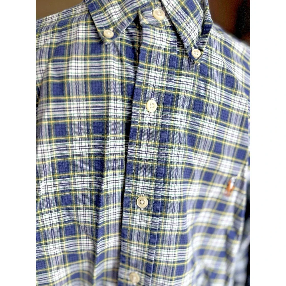 Ralph Lauren Shirt Men L Blue Plaid Long Sleeve Flesh‎ Pony Preppy Classic Fit